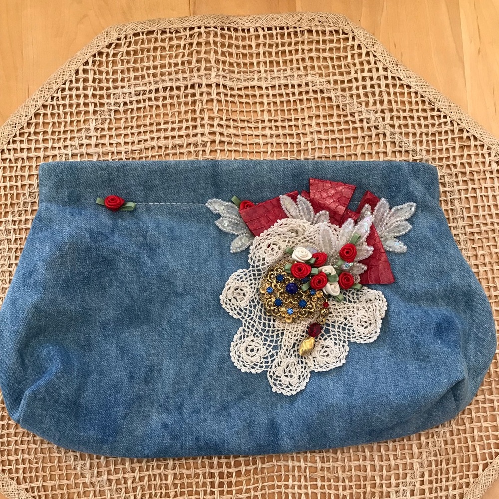 Custom DENIM CLUTCH BAG w/crochet appliqué